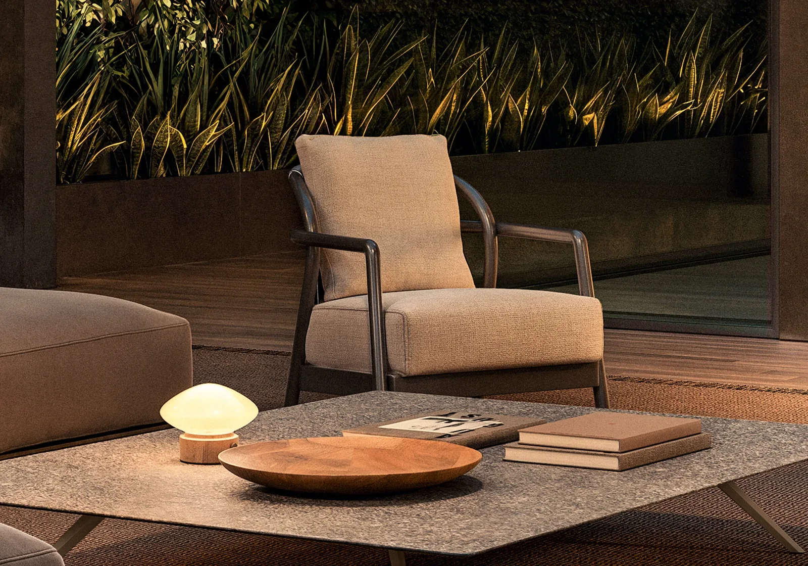 Flexform Alison outdoor armchair in a garden setting, frame 3