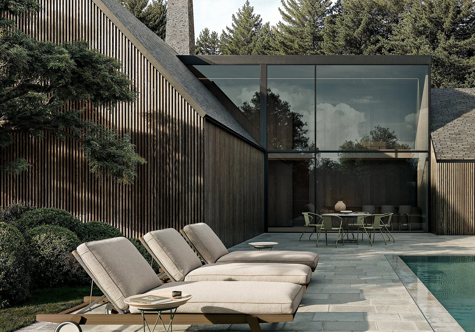 Flexform Hora Sexta outdoor daybed in a garden setting, frame 4