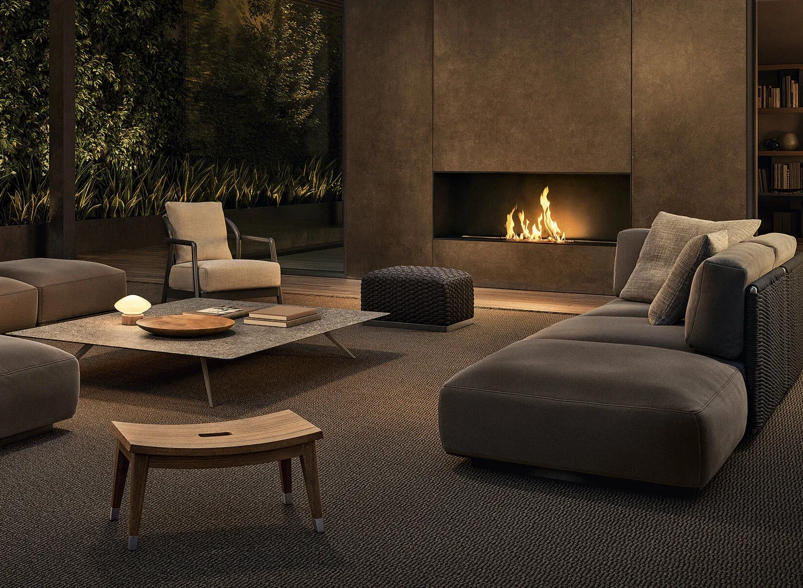 Flexform Lotus outdoor ottoman in a garden setting, frame 1