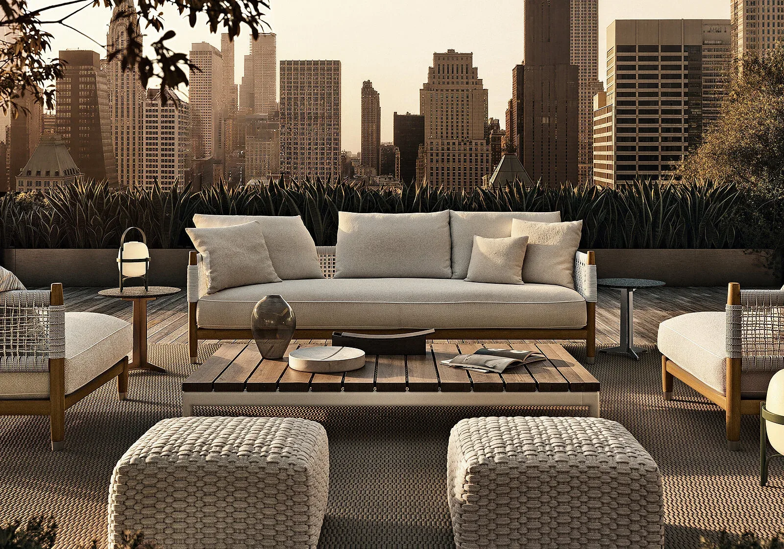 Flexform Phuket outdoor ottoman in a garden setting, frame 4