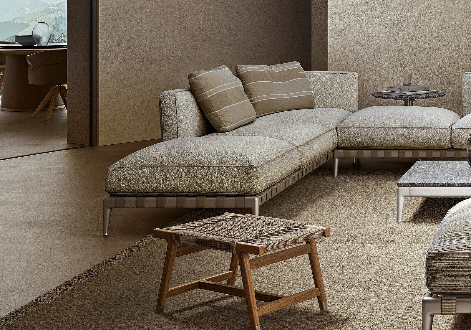 Flexform Tonga outdoor ottoman in a garden setting, frame 2