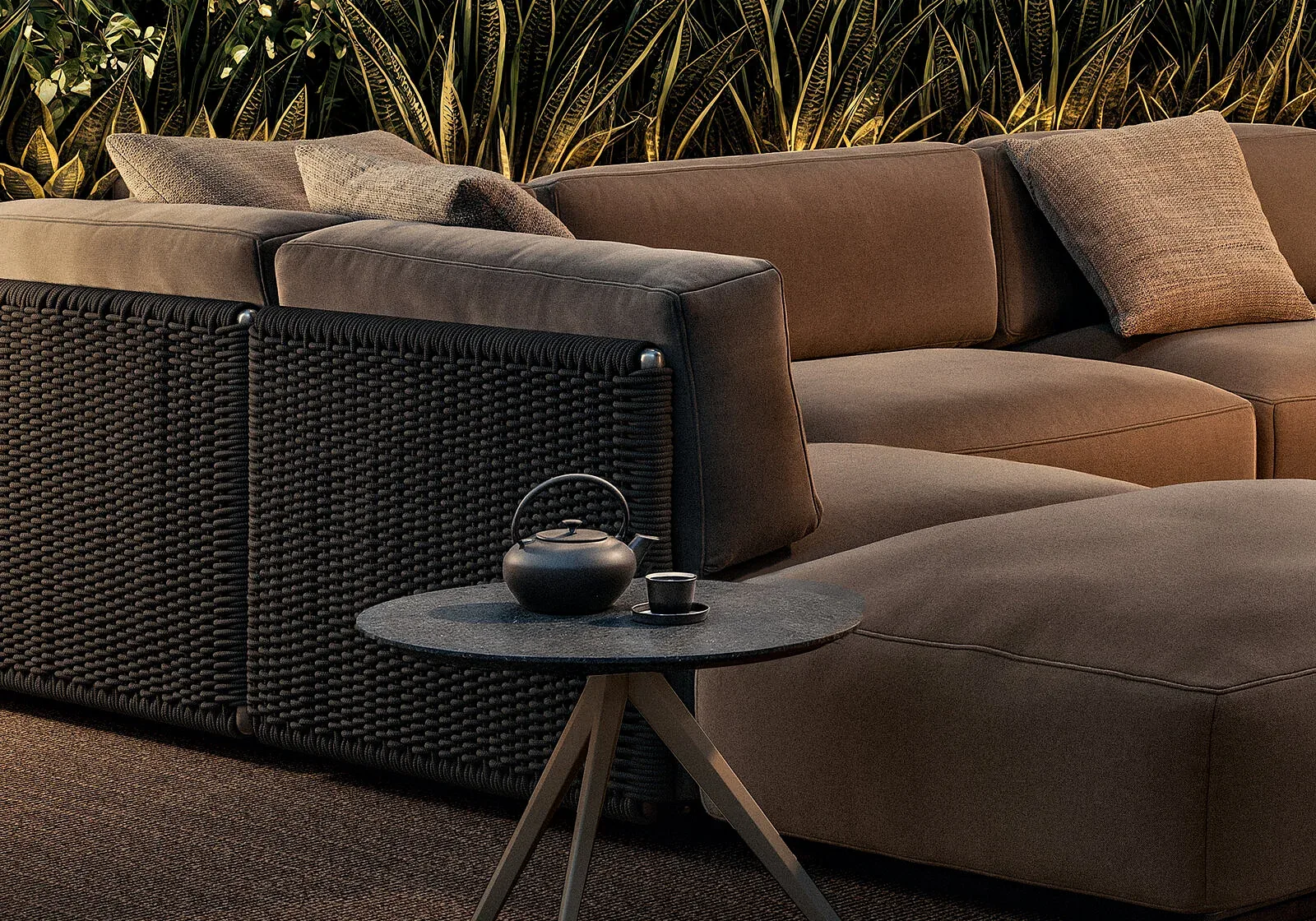 Flexform Zefiro outdoor coffee table in a garden setting, frame 1